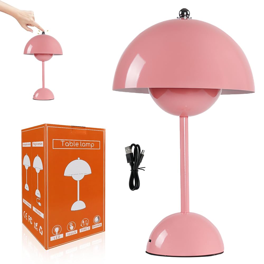 YANGUN Lámpara de mesa LED Flowerpot inalámbrica, con batería, lámpara de mesa, regulable, con 3 modos de brillo, táctil, regulable, lámpara de mesa retro, para dormitorio, oficina, bares (rosa)