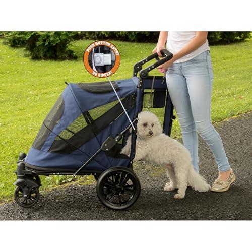 Pet Gear NO-Zip Pet Stroller with Dual Entry, Push Button Zipperless Entry for Single or Multiple Dogs/Cats, Pet Can Easily Walk in/Out, No Need to Lift Pet, Gel-Filled Tires, Navy