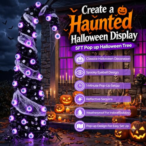 DTNESS 5FT Pop Up Halloween Tree with 35 Purple Eyeball Lights & Spider Web - image 2