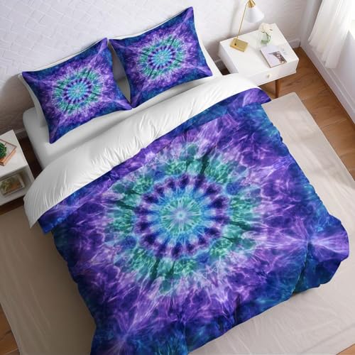 Juego de Ropa de Cama 3 Piezas Cama 135 Púrpura Funda nórdica 220x220 cm Patrón Abstracto de teñido Anudado Suave y Transpirable, Incluye 2 Fundas de Almohada 50x75 cm