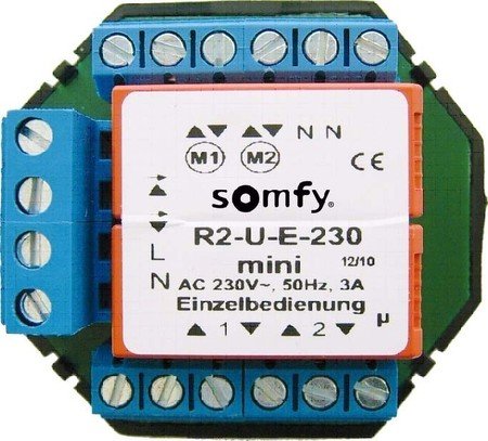Somfy TR2-U-E-230 Mini separation relay with wiring terminals and product label.