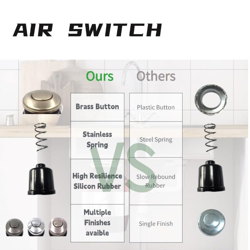 Sink Top Garbage Disposal Air Switch Button, Brushed Stainless Steel, with 6 Ft Air Hose, Chrome Plated 3.6" Long On/Off, Push Button with Brass Cover, Compatible with All Power Modules