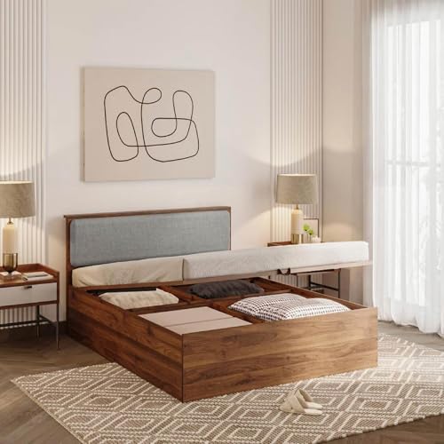 Wakefit Taurus Queen Storage Engineered Wood Bed with Hydraulic Mechanism with Omega Grey Upholstered headboard