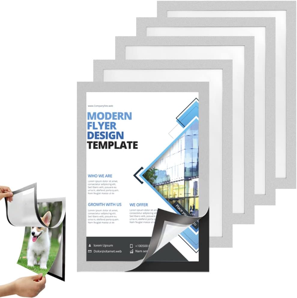 A4 Magnetic Display Frame, 5 PCS Magnetic Picture Frames Self Adhesive Window Sign Holder Waterproof Info Pocket Holder for Documents Photos License Menus Certificate (Silver)