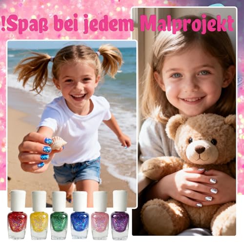 Aieenjor Nagellack Kinder Glitzer Set, 6 Farben kindernagellack ab 3 4 5 6 7 jahre ungiftig, wasserlöslich & Abziehbar, Nageldesign Set Für Mädchen