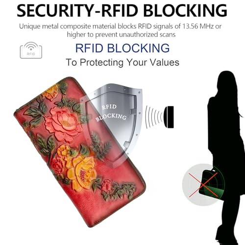 Image of Wallet Genuine Leather for Women - with RFID Blocking Card checkbook ID Slot Large Capacity Vintage style (rose red)