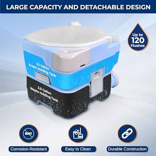 Image of SereneLife 4 Gal Portable Camping Toilet For Adults, 100+ Flushes, Porta Potty Camp Toilet with Phone Holder, Hand Sprayer, Plastic Funnel for Camping, Hiking, and Boating