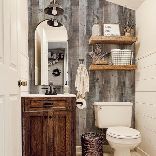 Image of Livebor Gray Wood Peel and Stick Wallpaper Wood Wallpaper 17.7 inchx 120 inch | Wood Contact Paper Shiplap Wood Wallpaper Peel and Stick Wooden Wall Rustic Distressed Plank for Walls and Countertops