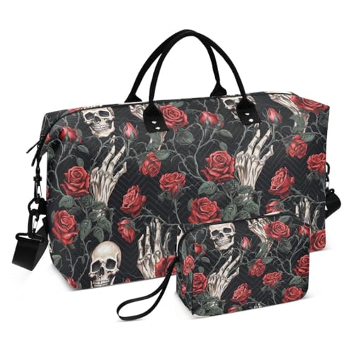 Sugar Skull Hand Rose Flower Black Travel Duffle Bag Gym Bag Weekender Bags with Toiletry Bag Travel Trip Tote Bag