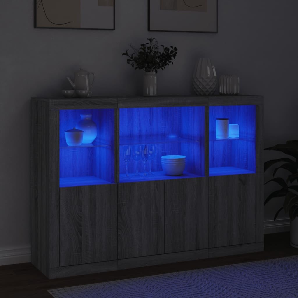 Les buffets gris avec éclairage LED RVB en bois offrent beaucoup d'espace de rangement et sont disponibles en lot de 3 avec lampes LED réglables