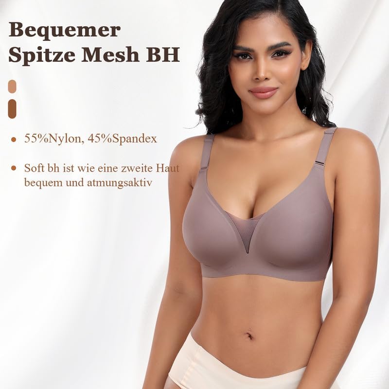 Jiuday Women's Bra without Underwire Large Breasts Strong Hold Soft Jelly Bra Non-Wired Push Up Side Straps Bra Seamless Comfortable T Shirt Padded Mesh Bralette Deep V Coffee L
