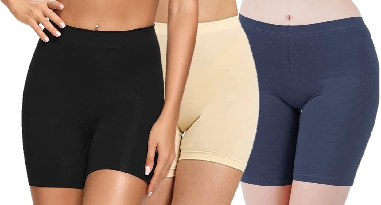 Womens Girls Cycling Shorts Stretchable Underskirt for Under Dress Anti Chafing Sports Mid Thigh Length Boyshorts Yoga Safety Short Regular and Plus Sizes Combo Pack-image-3
