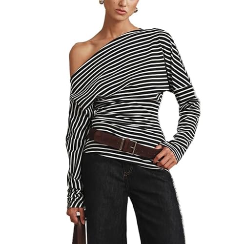 LsojbKjng Spring Fall Women's Black Striped One Shoulder Asymmetrical Neck
