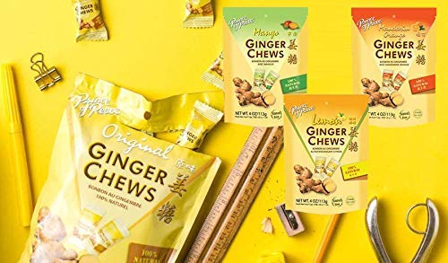 Ginger Chews 3 Variety Pack Candy Bundle, 4oz - Lemon, Mango, Mandarin Orange Flavors - 100% Natural, non-GMO, Vegan and Gluten-Free for Nausea & bellyache - Include free 20g instant Cappuccino or 17g instant latte