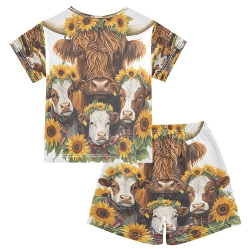 ALAZA Family Highland Cow Sunflower Pajamas Set Short Sleeve Cotton Sleepwear Summer Pjs 2 Piece 5-14Y2