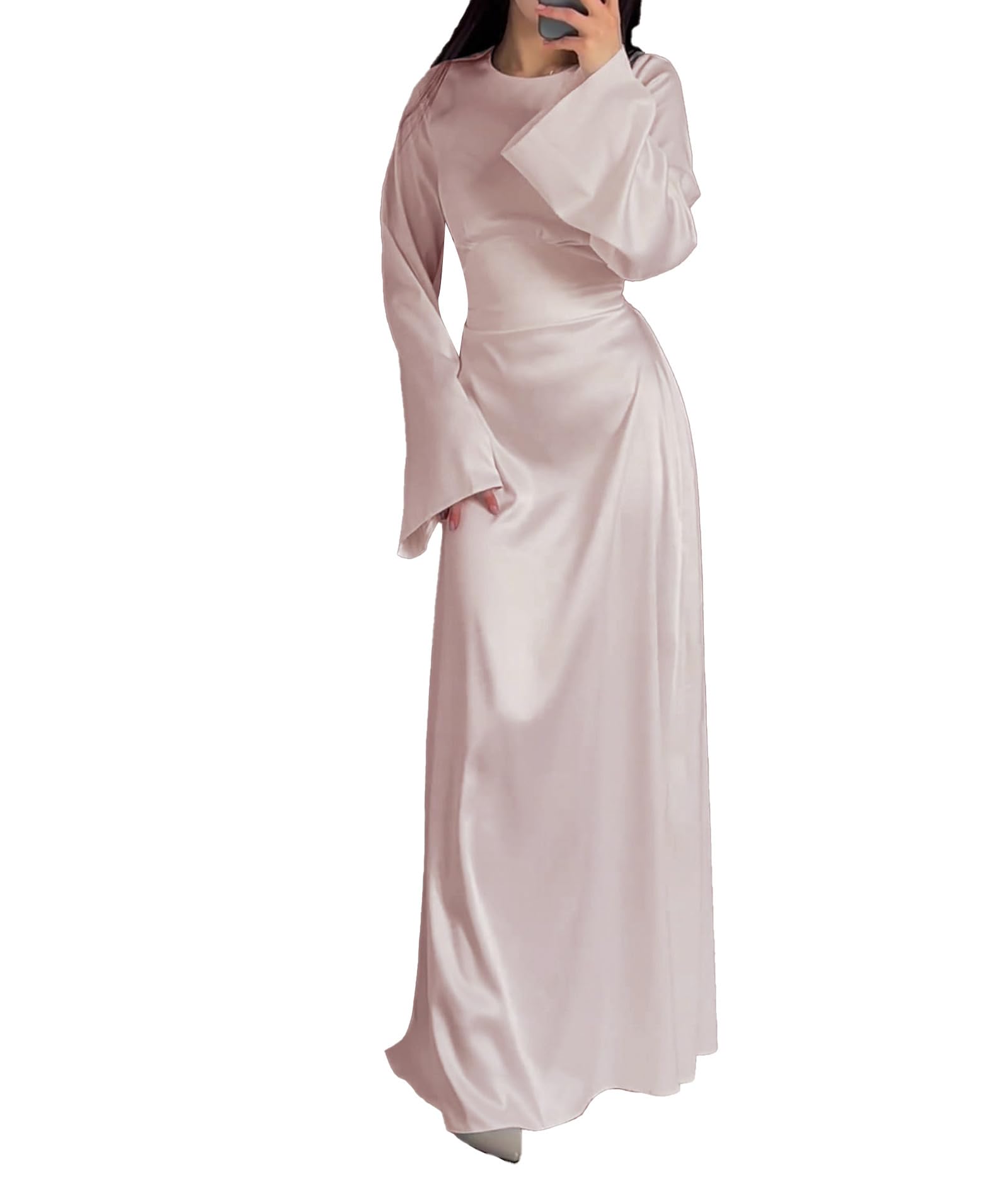 xxxiticat Women's Silk Satin Long Dress Long Sleeve Round Neck Back Lace Up Bandage Tie Wedding Party Maxi Dresses, Apricot, M