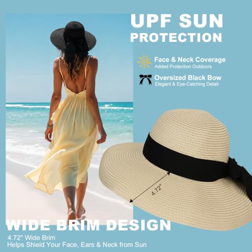 Image of Surblue Women's Beach Straw Hat, Wide Brim Sun Hat with Black Bow