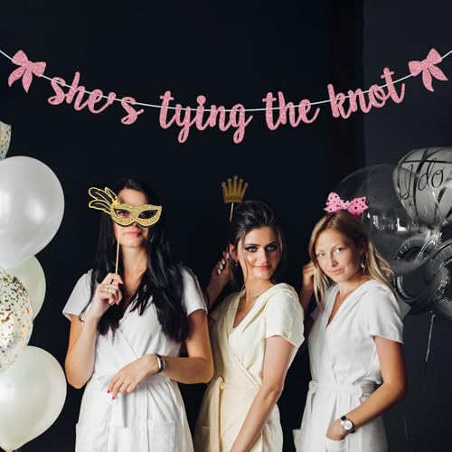 Image of She's Tying the Knot Banner, Bride to Be, Bow Bridal Shower Banner, Coquette Theme Bachelorette Wedding Engagement Party Decorations Supplies for Women Pink Glitter