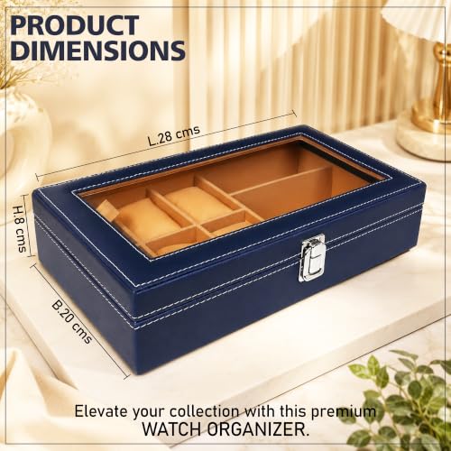 Image of LEDO Watch Box Organizer with 6 Watch Slots and 3 Sunglasses Slots, Blue and Cream, PU Leather, Rectangular, Metal Clasp Lock, Transparent Display Window