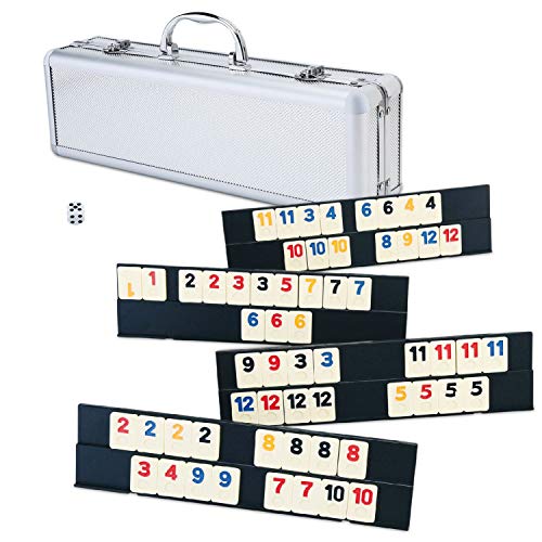 106 Rummy Tiles Game, Rummy Cube Sets Travel Game Outlasting Color with Aluminum Case & 4 Anti-Skid Durable Trays. Board. 106 Tile, 4 Players. Deluxe Edition.