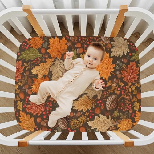 Image of Crib Sheet Breathable Soft Crib Mattress Sheet for Baby Toddler Boys Girls Fitted Crib Sheet Fit Standard Crib Mattress 52 x 28 Inch Brown Maple Leaves Acorns Berries Branches