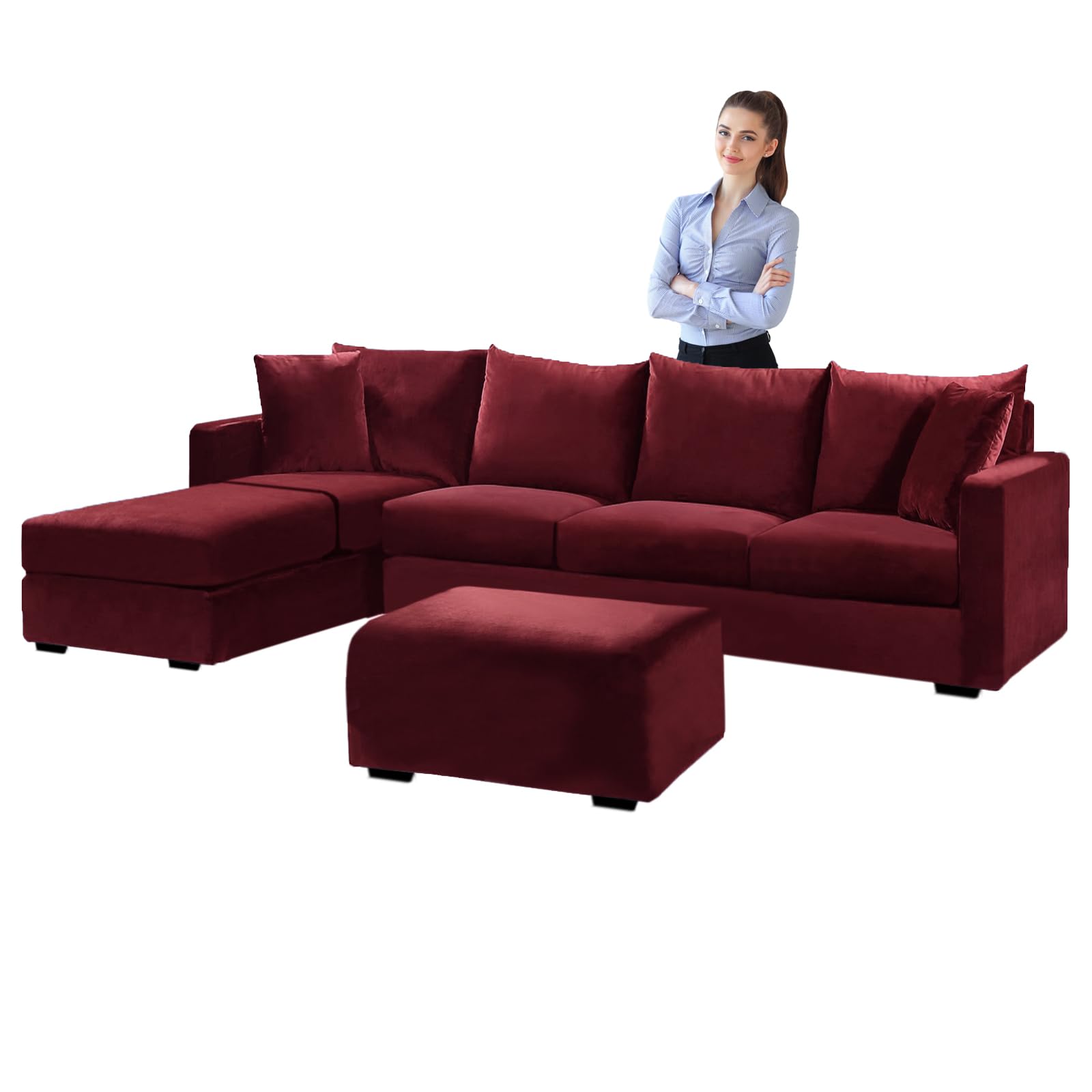 SYLC Velvet Sofa Covers L Shape, Stretch Corner Sofa Cover with Cushion Covers, Couch Cover Friheten Cover for U Sectional Sofa (Wine red,Stool Square-L)