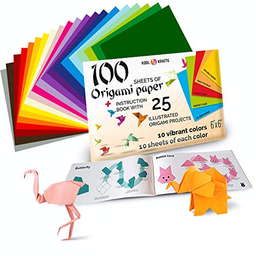 Origami Paper | 100 Origami Paper Kit Sheets 20 Colors 6x6 | with 25 Origami Book Easy Projects Colored | Origami for Kids | Premium Quality for Arts and Crafts | 20 Vibrant Same Color on Both Sides