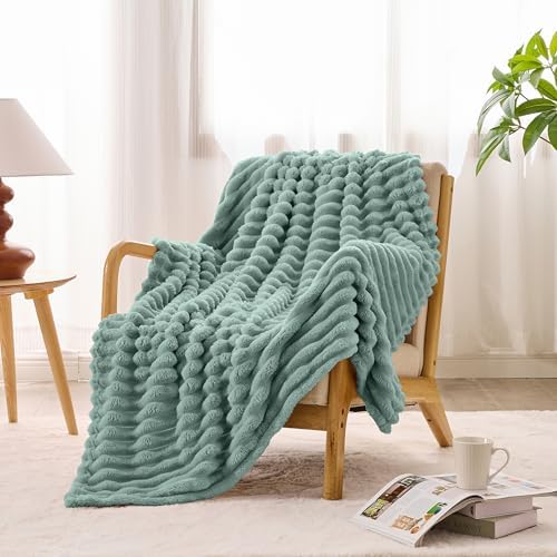Simple&Opulence Flannel Throw Blanket for Couch - Super Soft 3D Striped Jacquard Fluffy Blanket for Bed, Fleece Lightweight Cozy Throw for All Seasons (50"x60", Sage Green)
