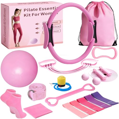 17 Pcs Pilates Equipment,Women at Home Pilates kit,Pink Pilates Ring and Ball Set Pilates Socks, Jump Rope,5 Resistance Bands Compact Toning and Fitness Essentials Starter Set Accessories
