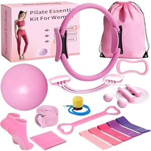 17 Pcs Pilates Equipment,Pilates Set,Women at Home Pilates kit,Pink Pilates Ring and Ball Set Pilates Socks, Jump Rope,5 Resistance Bands Compact Toning and Fitness Essentials Starter Set Accessories