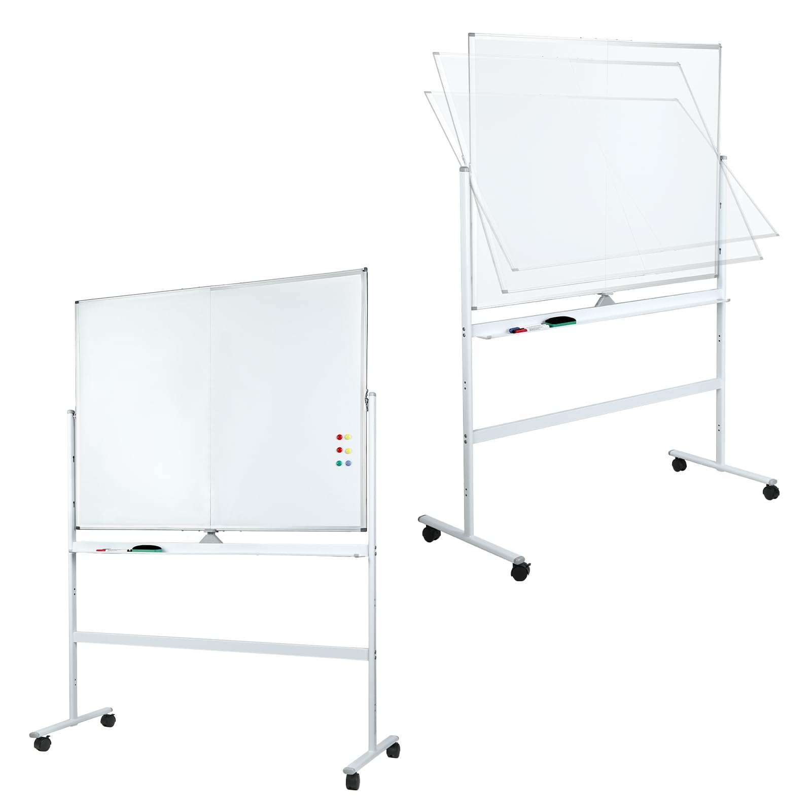 Pizarra blanca magnética móvil – Pizarra blanca rodante de doble cara 126 x 90 cm – Pizarra grande reversible de borrado en seco, caballete de pie con ruedas con soporte