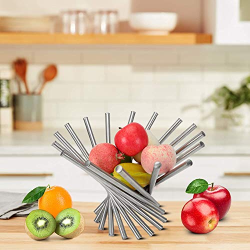 Nicunom Stainless Steel Rotation Fruit Bowl, Foldable Rotation Fruit Basket, Modern Countertop Fruit Basket Holder, Unique Design Decorative Fruit Stand Kitchen Storage, Silver #TOP4