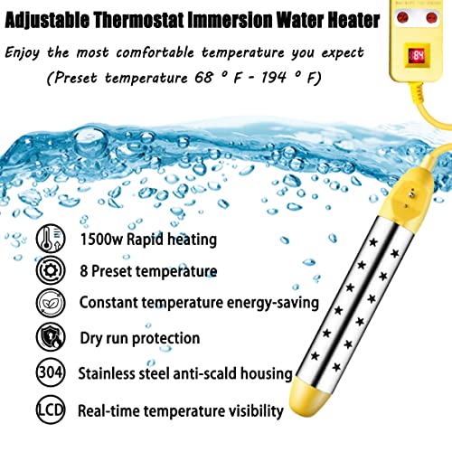 HAIYEATBNB Immersion Water Heater, Electric Bucket Heater with Adjustable Thermostat, Dry Running Protection, Anti Scalding, 1500W Water Heater Electric for Shower, Heat 5 Gallons of Water in Minutes