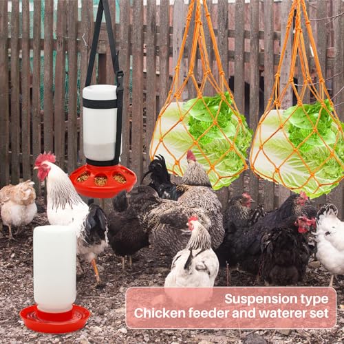 KHEARPSL Kit de alimentador e bebedouro de galinha com tiras de suspensão de frango e saco de cordão