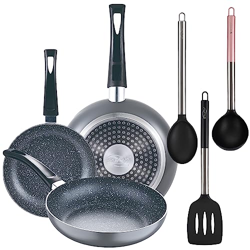 Set 3pc sarten (16+20+24cm) aluminio prensado, inducción, negra Soul Marble con Set 3pc utensilios de cocina nylon