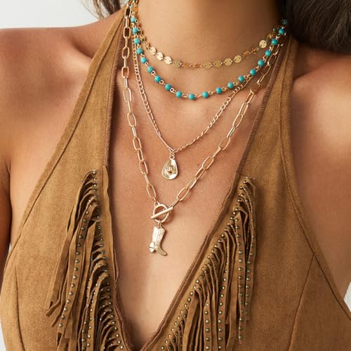 Layered Boho Necklaces for Women Turquoise Western Jewelry for Women Cactus Ox-Head Cross Hat Boots Country Necklace Stack Cowboy Cowgirl Necklace Bohemian Concert Outftis for Women Western Accessories Summer Beach Jewelry4
