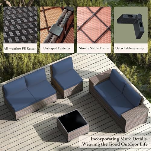 Image of 7 PCS Outdoor Patio Furniture Set,Outdoor Sectional Furniture with 43 inch 55000 BTU Gas Propane Fire Pit Table,All Weather PE Rattan Wicker Patio Conversation Set,Navy Blue