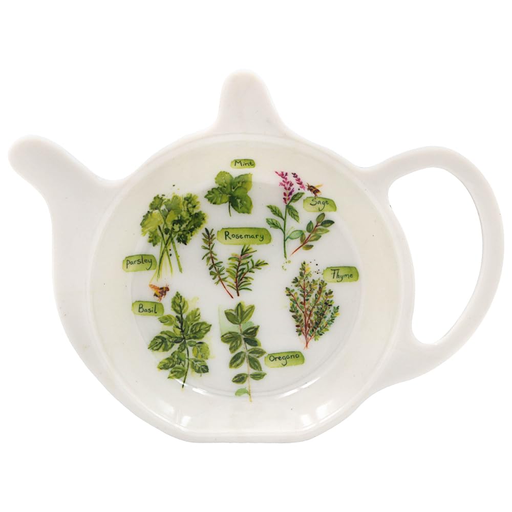 The Leonardo Collection Herb Garden Teabag Tidy by Jennifer Rose Gallery | Porcelain Teabag Holder with Botanical Illustration | Tea Kitchen Accessory | Rustic Gift for Garden Lovers
