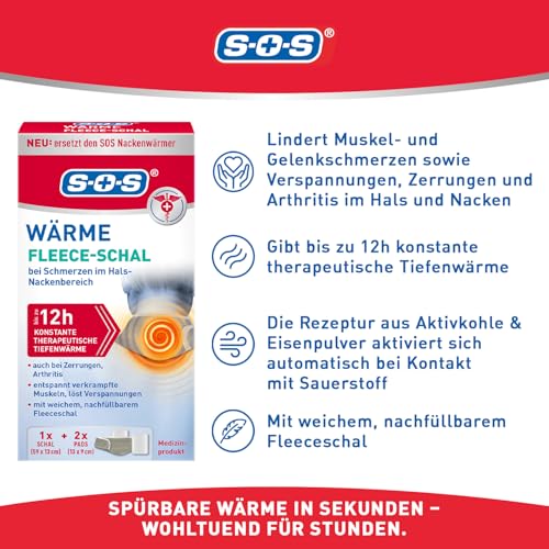 SOS Wärme Fleece-Schal – inkl. 2 Wärmepads – bis zu 12 Stunden konstante Wärme – waschbar & größenverstellbar – weicher Fleeceschal mit Tasche für Wärmepads – ideal für Nacken & Schultern