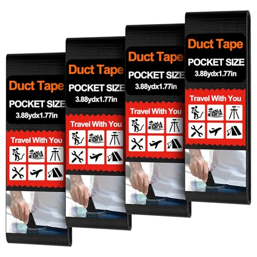 Image of 4 Pack 1.77 in x 10 ft Travel Duct Tape Mini Pocket Size Flat Roll Flexible Heavy Duty Waterproof Tear by Hand for Repair Outdoor Emergency Gear EDC DIY Craft Camping Hiking (Black)