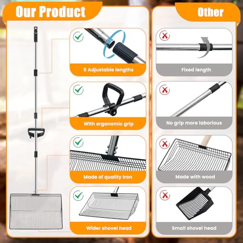 Image of 15inch Heavy-Duty Chicken Poop Scooper with Ergonomic Grip, Chicken Coop Scoop with Adjustable Stainless Steel Handle (24-70 inch), 4-in-1 Litter Sifting Shovel for Chicken Coop Accessories