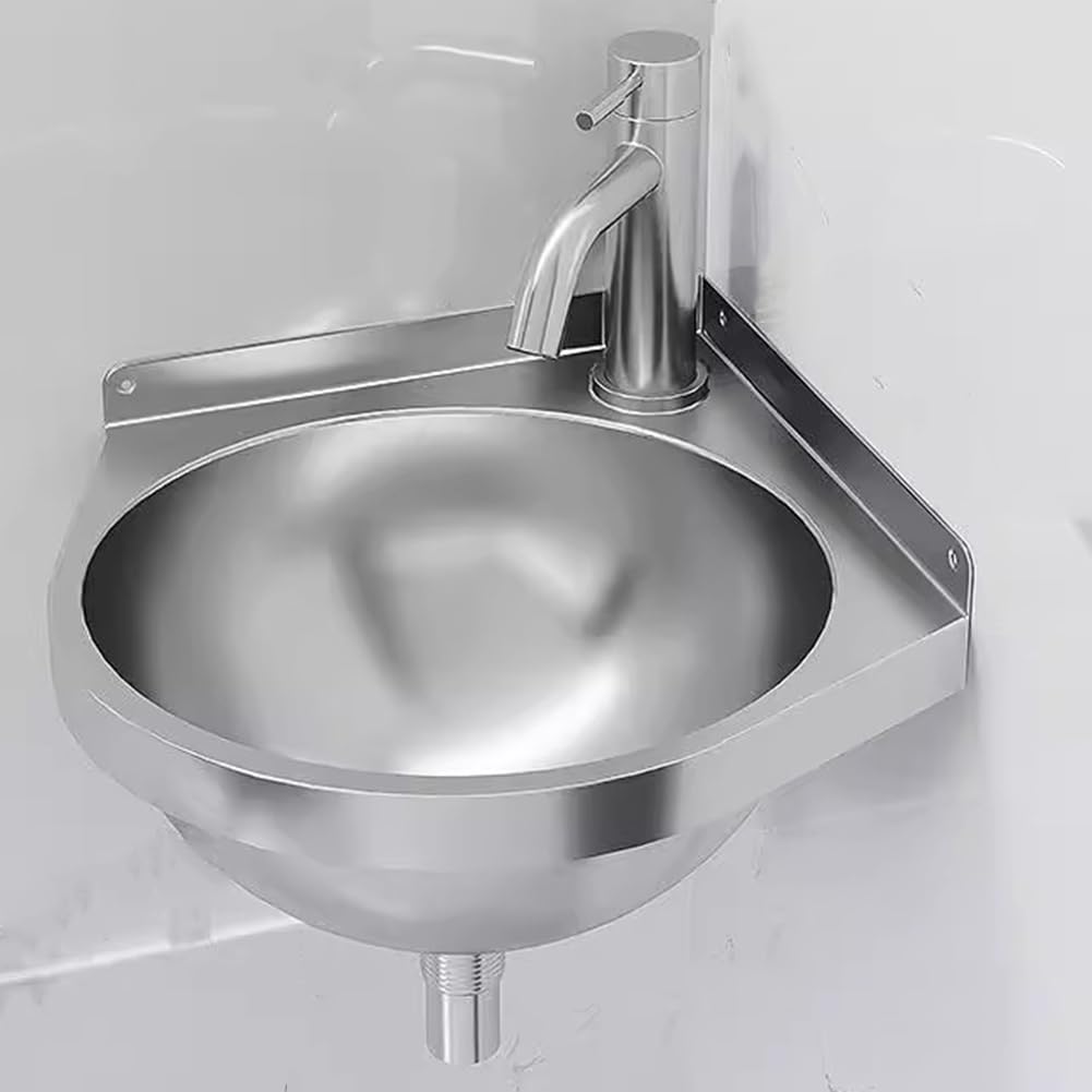 Umywalka narożna ze stali nierdzewnej, montowana na ścianie, trójkątna umywalka z armaturą i zestawem odpływowym, do garażu, pomieszczenia gospodarczego, restauracji, kuchni, srebrna