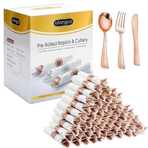 50 Pack Pre Rolled Rose Gold Plastic Silverware Set with Napkins,...