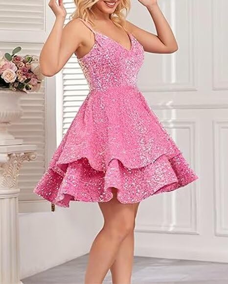 Sparkly Sequin Homecoming Short Tiered Dresses for Teens V Neck Hot Pink Spaghetti Straps Party Gowns Dress3