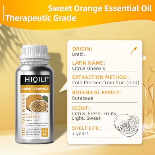 Image of HIQILI Sweet Orange Essential Oil Large Capacity for Skin Care & Diffusers | Air Freshening & Space Cleaning for DIY Studio, Spa, Hotel & Household Stock, Mall, Beauty Salon - 500mL / 16 fl oz