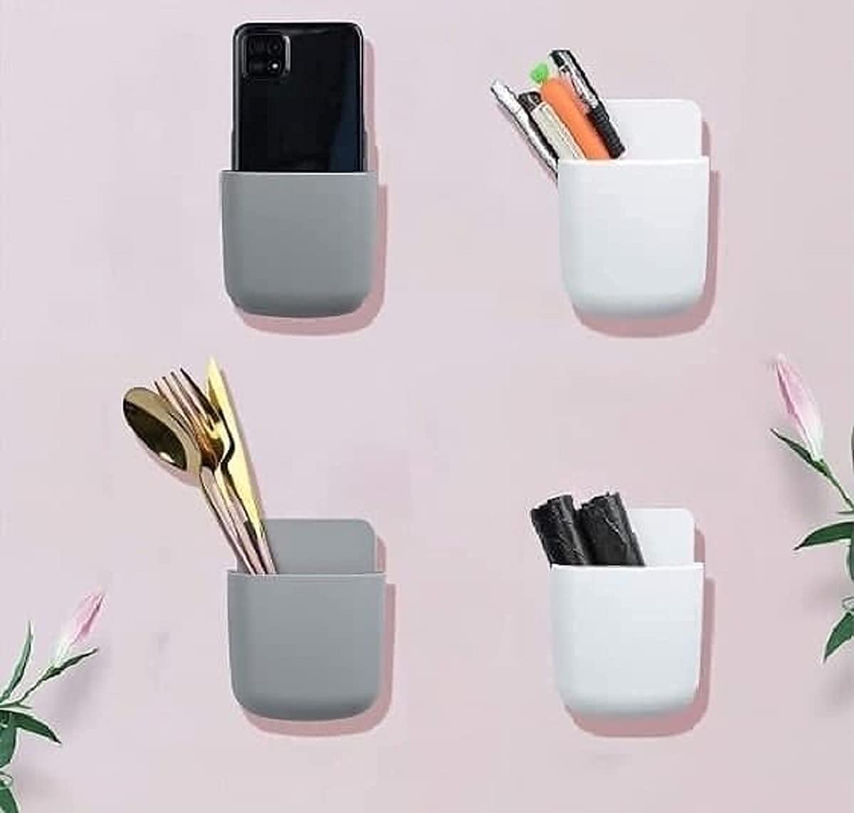 Karm Creation 4psc set Multipurpose Plastic Hanging Mobile Phone Organizer Stand,Wall Door Mount Storage Box Remote Control,Toothbrush/pest,key holder,stationery shelf adhesive multi-color 4
