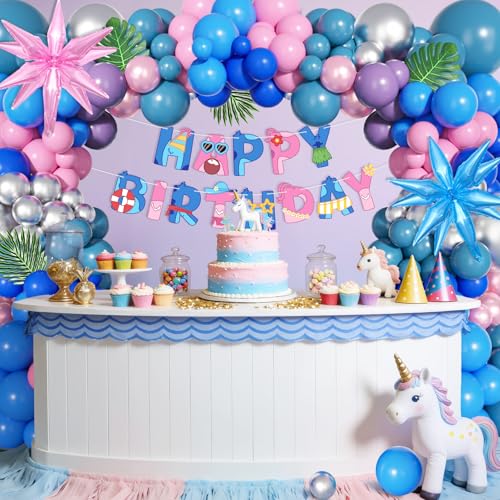 Image of Ouddy Life 160Pcs Pink Blue Purple Balloons Arch Kit, Summer Party Decor | Silver Star Foil Balloon Happy Birthday Banner Palm Leaves for Hawaii Tropical Luau Baby Shower Cartoon Party Decorations