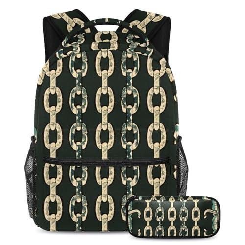 Cartables vintage imprimé chaîne avec trousse assortie pour adolescents et étudiants de taille L