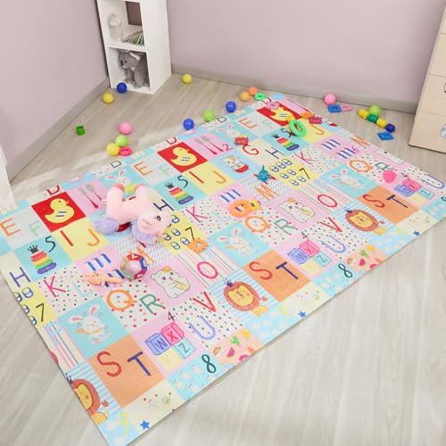 Image of Amazon Brand - Supples Reversible Baby Playmat | Certified BIS-Approved Foldable Foam Mat for Learning & Crawling | 0.6 cm Thick | 2+ Months Baby | Alphabetical Design | 6.5 x 4.5 ft Multicolour