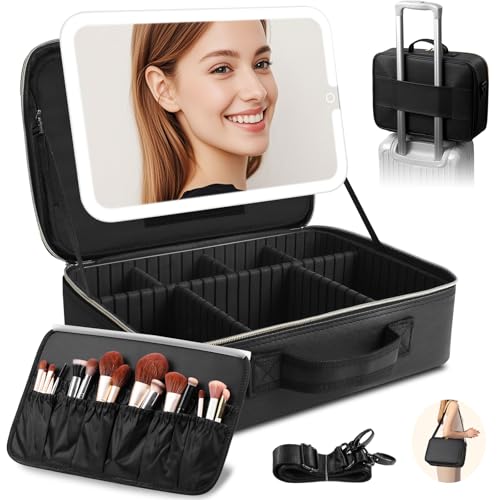 鏡付きメイクボックス 大型 横38cm×縦28cm 化粧品収納ボックス コスメボックス 化粧ケース 調節可能な仕切り付き 3色調節可能なLEDライト メイクブラシケース付き (ブラック)